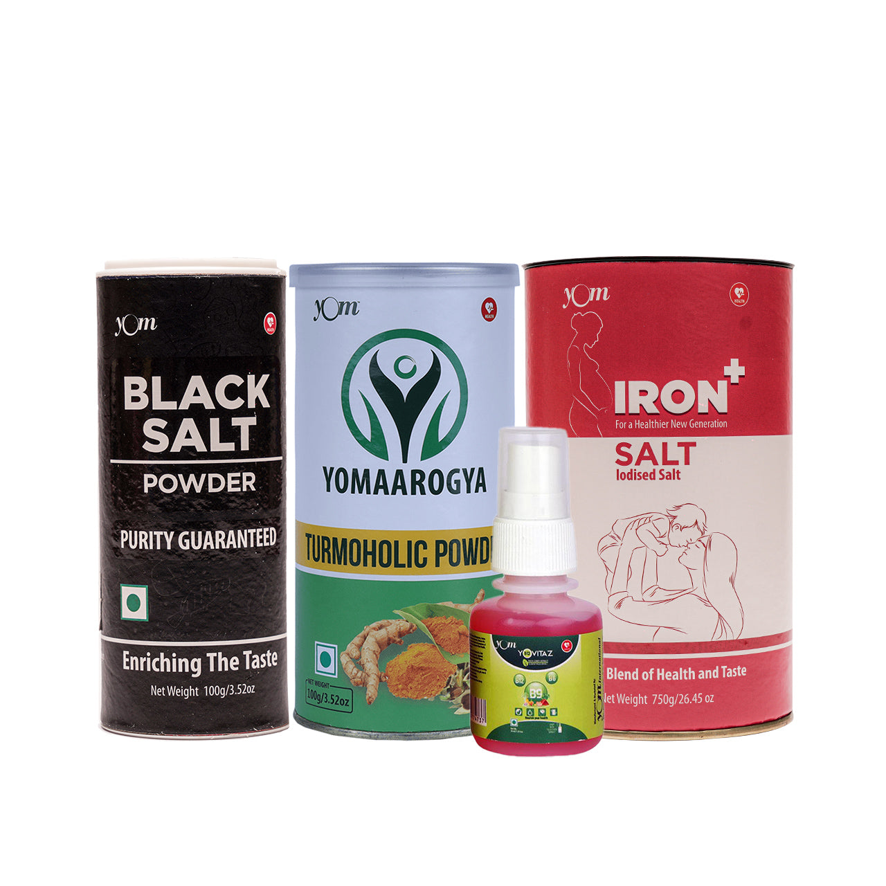 YOM Black Salt,YOM YOMAAROGYA,YOM YOVITAZ Vitamin B12 B9 B6,Tulsi Leaves Extract,YOM Iron Plus Fortified - 4 Nos *  100 ,100,750 Gms,30 Ml