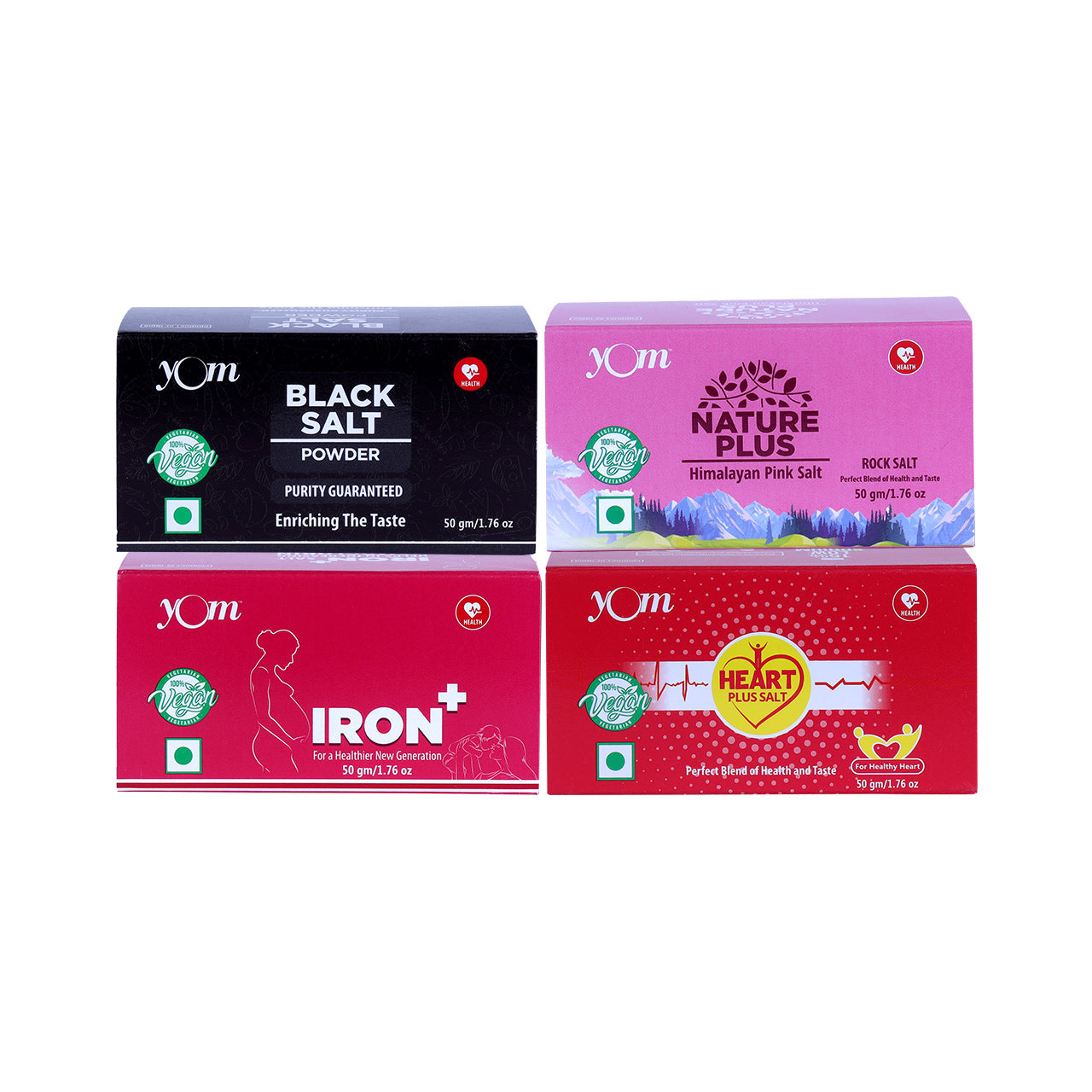 YOM Black Salt,Heart Plus Low Sodium Salt,Nature Plus Himalayan Pink Rock Salt,Iron Plus Fortified Salt Combo Pack - 4 Nos * 1 Gm